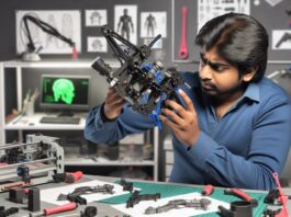 High-resolution realistic photograph of a tech hobbyist assembling a shoulder-mounted guided missile prototype using 3D printing, photographed in a real environment, matching the look of existing press images about the same project. Avoid futuristic or stylized elements.