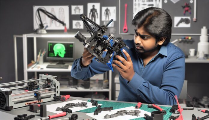 High-resolution realistic photograph of a tech hobbyist assembling a shoulder-mounted guided missile prototype using 3D printing, photographed in a real environment, matching the look of existing press images about the same project. Avoid futuristic or stylized elements.
