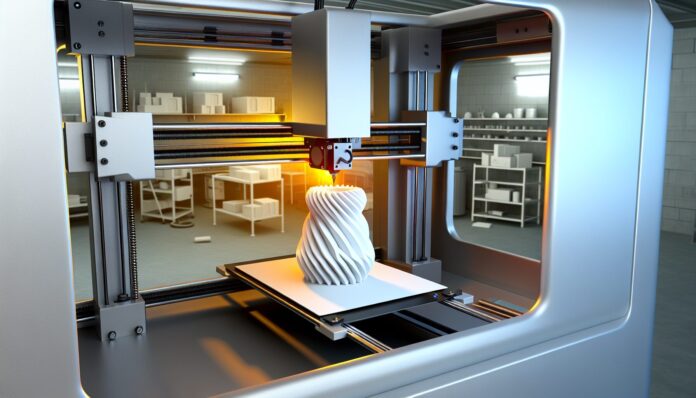 High-resolution realistic photograph of a 3D printer in action, creating a complex object in a workshop setting, photographed in a real environment, matching the look of existing press images about the same. Avoid futuristic or stylized elements.
