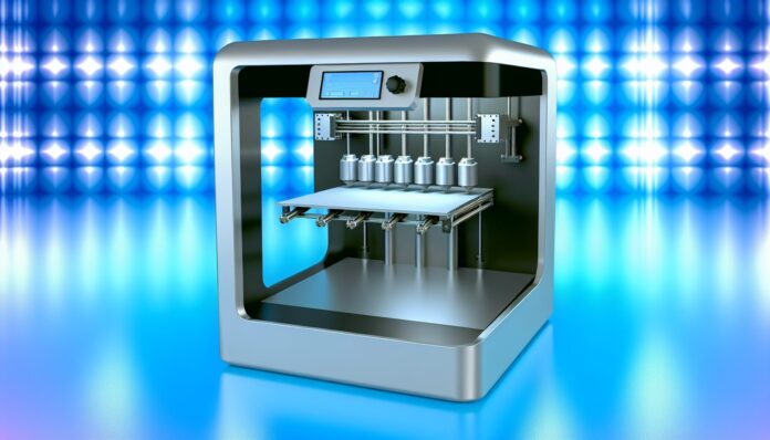 High-resolution realistic photograph of a 3D printer with 12 nozzles, photographed in a real environment, matching the look of existing press images about the same. Avoid futuristic or stylized elements.