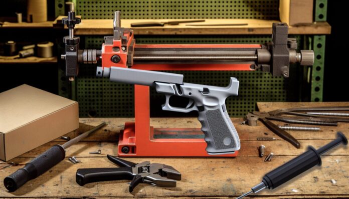 High-resolution realistic photograph of a 3D printed firearm from the ghost gun factory case, photographed in a real environment, matching the look of existing press images about the same case. Avoid futuristic or stylized elements.