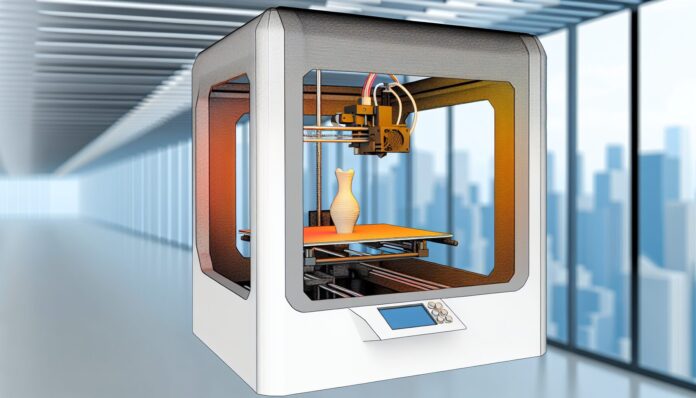 High-resolution realistic photograph of a 3D printer in action, showing a partially completed object, photographed in a real environment, matching the look of existing press images about the same topic. Avoid futuristic or stylized elements.