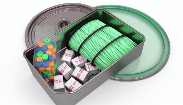 High-resolution realistic photograph of 3D printer filament stored in an airtight container with desiccant packs, photographed in a real environment, matching the look of existing press images about the same topic. Avoid futuristic or stylized elements.