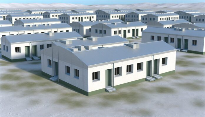 High-resolution realistic photograph of 3D-printed barracks at Fort Bliss, photographed in a real environment, matching the look of existing press images about the same. Avoid futuristic or stylized elements.