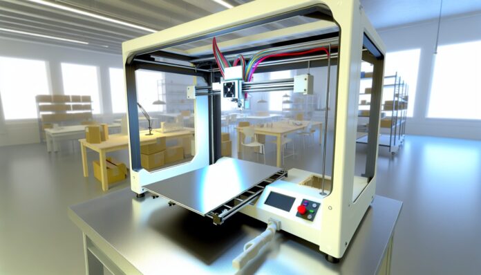 High-resolution realistic photograph of a 3D printer in action, showcasing efficient filament use, photographed in a real environment, matching the look of existing press images about 3D printing. Avoid futuristic or stylized elements.