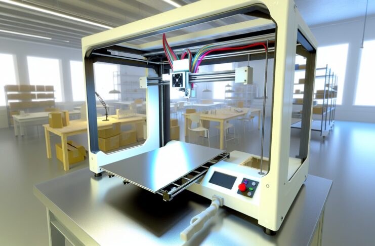 High-resolution realistic photograph of a 3D printer in action, showcasing efficient filament use, photographed in a real environment, matching the look of existing press images about 3D printing. Avoid futuristic or stylized elements.