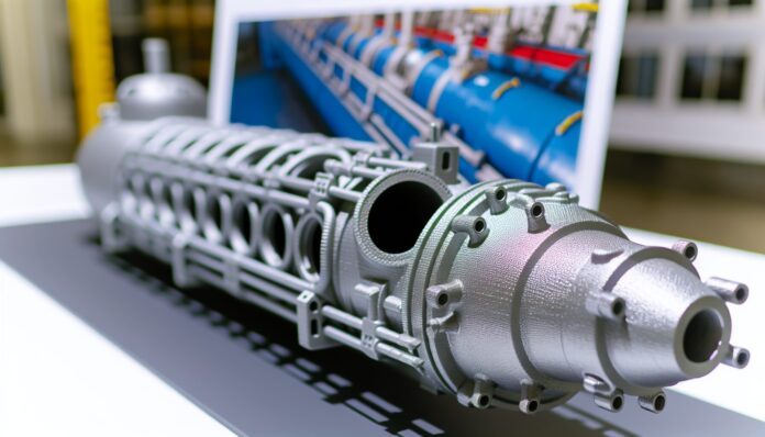 High-resolution realistic photograph of AML3D's 3D printed submarine components, photographed in a real environment, matching the look of existing press images about the same. Avoid futuristic or stylized elements.