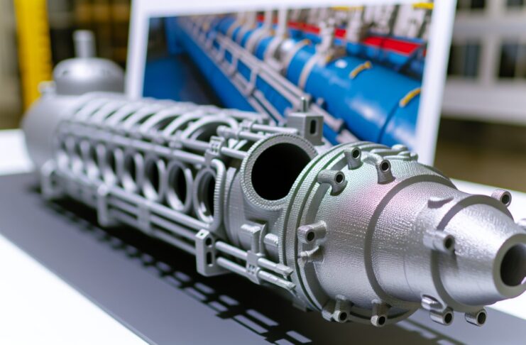 High-resolution realistic photograph of AML3D's 3D printed submarine components, photographed in a real environment, matching the look of existing press images about the same. Avoid futuristic or stylized elements.