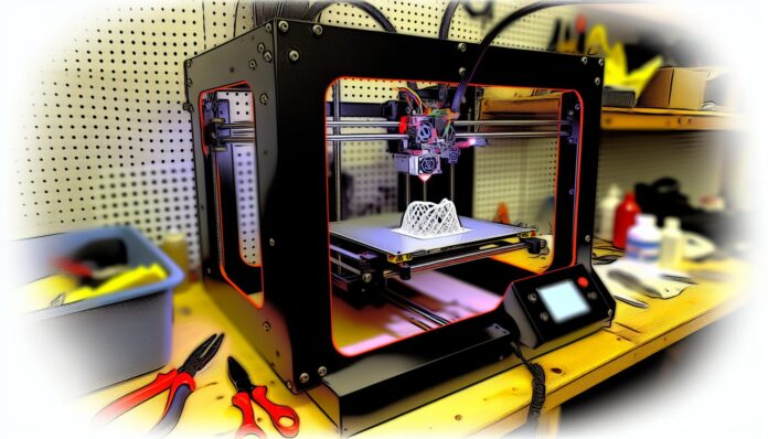 High-resolution realistic photograph of a 3D printer in action, with a focus on the printer's nozzle and a partially completed object, set in a workshop environment. Avoid futuristic or stylized elements.