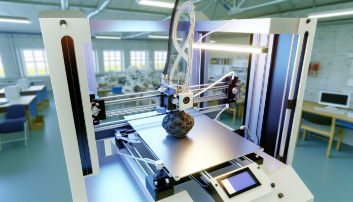 High-resolution realistic photograph of a 3D printer in action, creating a complex object in a real-world setting, such as a workshop or laboratory. Avoid futuristic or stylized elements.