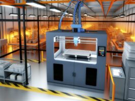 High-resolution realistic photograph of a multicolor 5-axis 3D printer in action, photographed in a real manufacturing environment, matching the look of existing press images about the same technology. Avoid futuristic or stylized elements.