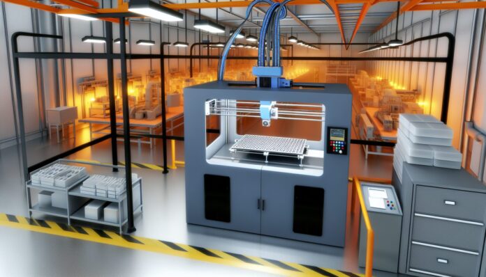 High-resolution realistic photograph of a multicolor 5-axis 3D printer in action, photographed in a real manufacturing environment, matching the look of existing press images about the same technology. Avoid futuristic or stylized elements.