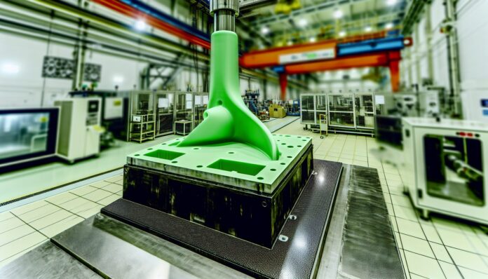 High-resolution realistic photograph of a 3D-printed wind turbine blade mold in a manufacturing setting, photographed in a real environment, matching the look of existing press images about the same. Avoid futuristic or stylized elements.